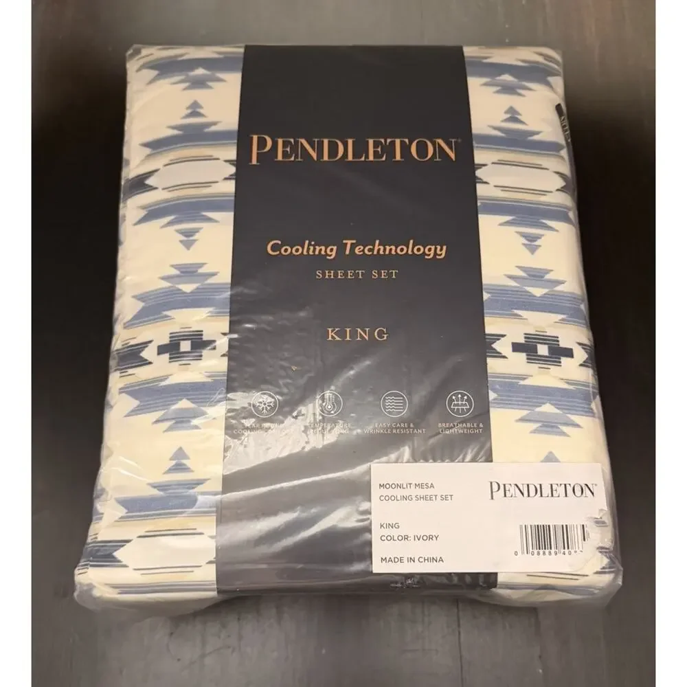 New! Pendleton King Sheet Set Cooling Technology Moonlit Mesa Blue Ivory Aztec